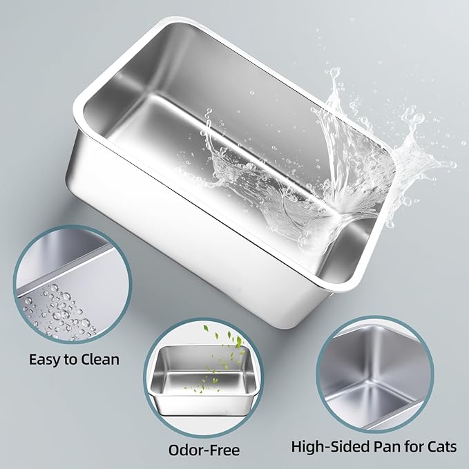 Stainless Steel Cat Litter Box - Large Metal High-Sided Pan for Cats, Pets, Non-Stick, Odor-Free, Easy to Clean, Splash-Proof, Durable (17.7" L x 13.8" W x 6" H)