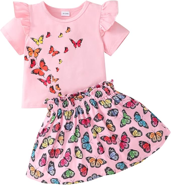 Akyzic Little Girl Skirt Outfit Two Piece Spring Summer Outfit Butterfly Dress Cat Print Skirt Toddler Girl Outfit Set