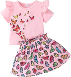 Akyzic Little Girl Skirt Outfit Two Piece Spring Summer Outfit Butterfly Dress Cat Print Skirt Toddler Girl Outfit Set
