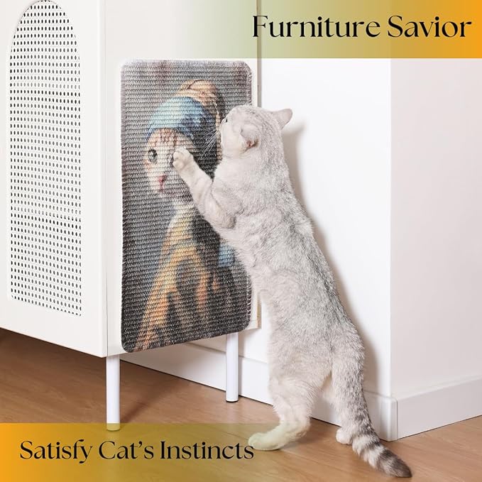 Sisal Cat Scratcher Post Mat (Use on Wall, Couch and Carpet), Shedding-Resistant Scratching Surface - 21.7x13 with Hoop and Loop Adhesives, Pads and Twist Pins (Cat with A Pearl Earring)