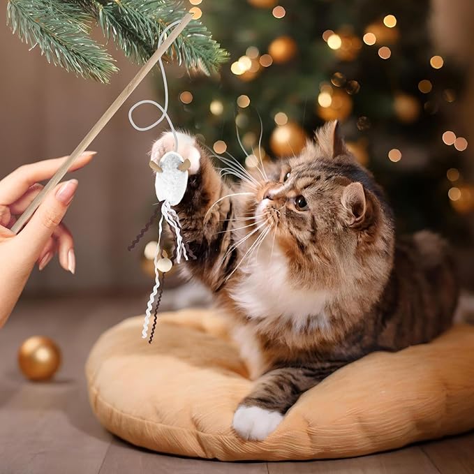 NOWFRESH Cat Wand Toy Set, 2 PCS Interactive Cat Teaser Wands with Cute Paper Mice & Paper Fish Designs, Equipped with Bells and Streamers to Captivate Your Cat’s Attention
