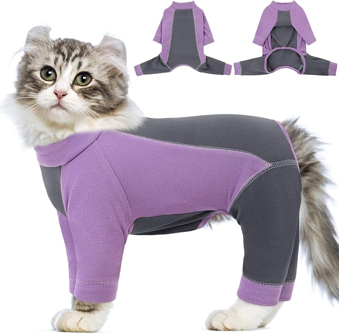 SUNFURA Hair Sticky Cat Clothes, Cat Sweater for Cats Only, 4-Legged Fleece Sweaters Kitten Pajamas Reduce Shedding Fur, Warm Pullover Shirts for Cats, Purple S