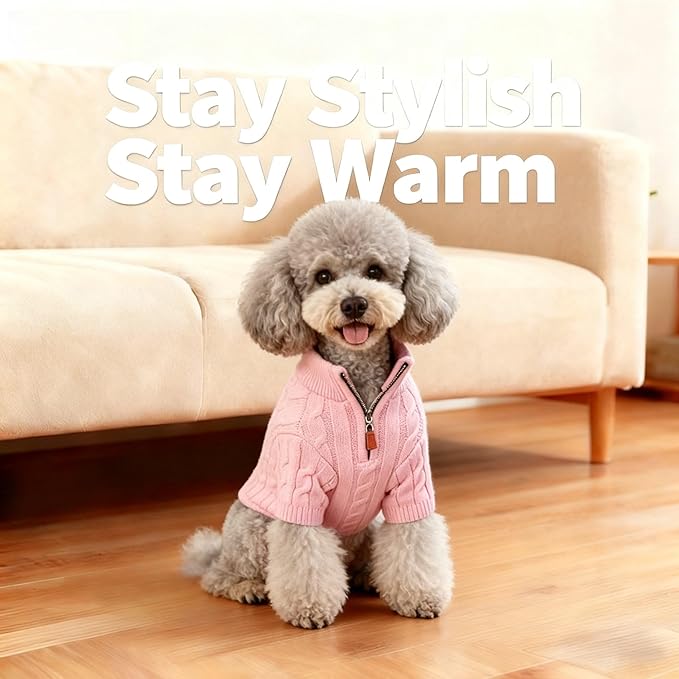 Small/Medium Dog Sweater, Warm Dog Winter Coat w/Sleeves, Comfortable High Neck Premium Dog Clothes for Mini Poodle-Best for Holidays, Daily Walks S Pink