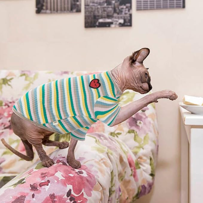 DENTRUN Hairless Cats Shirt Breathable Cat Daily Wear Clothes Stripe Vest Adorable Pajamas Jumpsuit Soft & Skin-Friendly