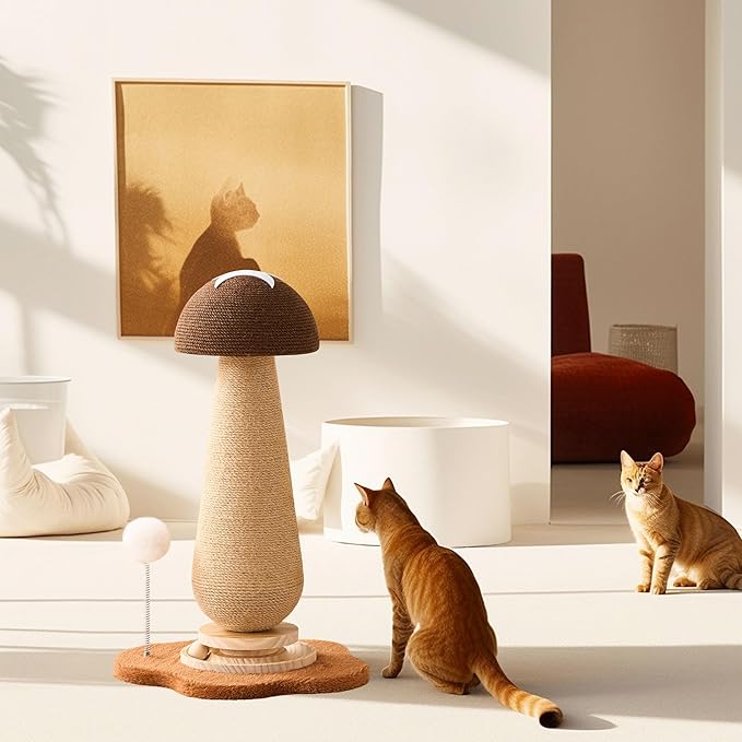 Mushroom Cat Scratching Post Cat Tree, 21.5‘’ H Cute Cat Scratcher Tower with Durable Solid Wood Turntable Toy, Acorn Brown Mushroom Scratch Post Cat Sisal Scratcher with Catnip for Indoor Cats