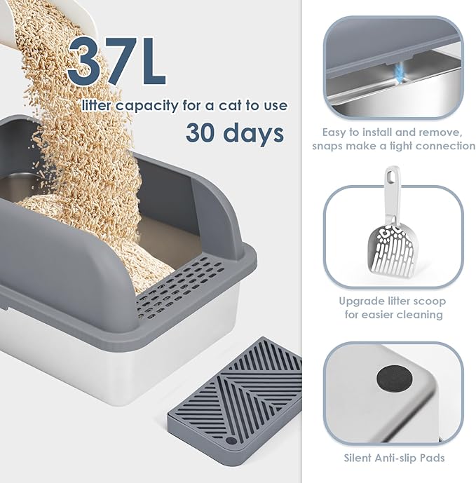 Enclosed Stainless Steel Cat Litter Box with Lid Extra Large Litter Box for Big Cats XL Metal Litter Pan Tray with High Wall Sides Enclosure, Non-Sticky, Anti-Leakage (Grey)