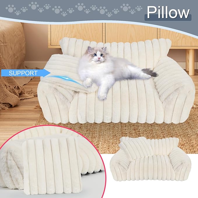 Cute Cat Couch Bed for Indoor Cats, Fluffy Pet Cat Sofa with Premium Soft Corduroy Fleece, Cute Small Dog Beds for Small Dogs, Fuzzy Puppy Chair with Removable Washable Cover (30x20x10,Cream)