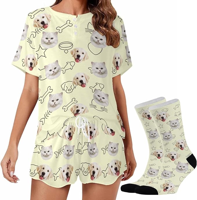 Custom Short Pajamas Set with Face Photo Women‘s Sleepwear Tee Personalized PJ Short Loungewear Set fot Her