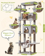 Taoqimiao Cat Tree Tower, 76-Inch Sturdy Cat Tree for Indoor Cats Large Adult Cat Tower with Scratching Posts，2 Condos, 2 Perches, 2 Large Hanging Baskets, Soft Hammock, MS046W Light Gray