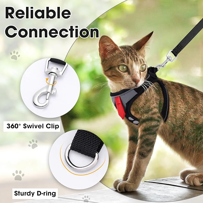 Cat Harness and Leash Set for Walking Escape Proof, Soft Adjustable Kitten Harness Breathable Mesh with Reflective Strips Harness for Kitty Puppy Bunny (Black, Large)