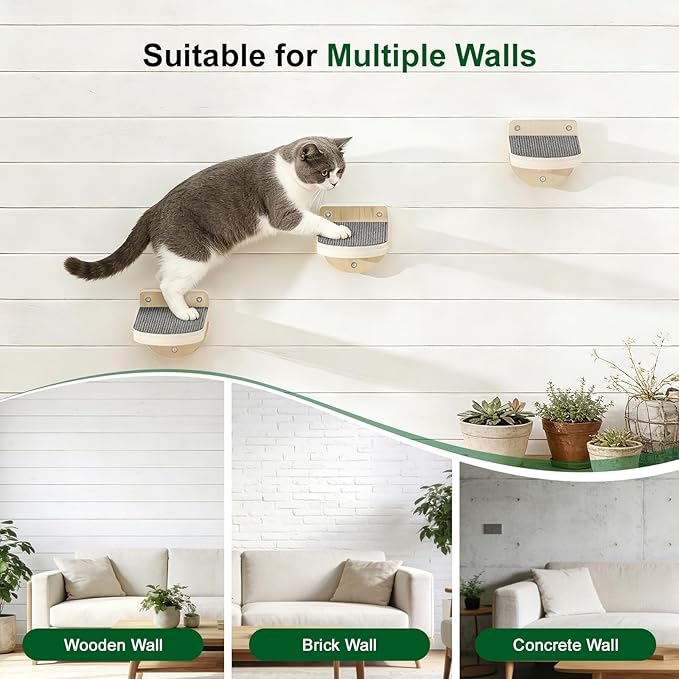 Cat Wall Shelves, 3 in 1 Cat Wall Furniture Set with Non-Slip Carpet, Wooden Wall-Mounted Kitten Climber Shelves for Jumping & Playing
