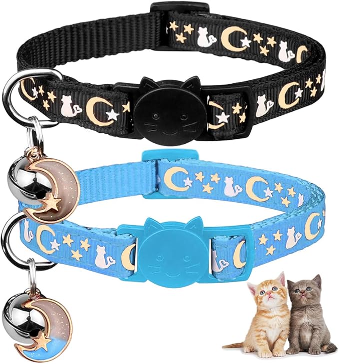 2PCS Breakaway Cat Collars with Bell Cute Kitty Glow in The Dark Adjustable Kitten Collars 7.9-13.0 Inch(Sky Blue&Black)