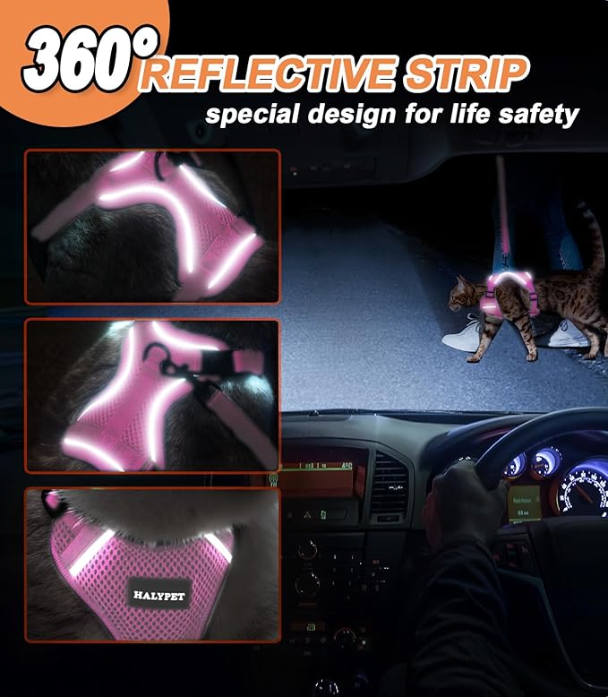 Halypet Cat Harness and Leash Set [ MAX Safety Third Generation ] Escape Proof Soft Adjustable Cat Leash Breathable Comfortable Vest Easy to Wear Kitten Harness for Outdoor Walking