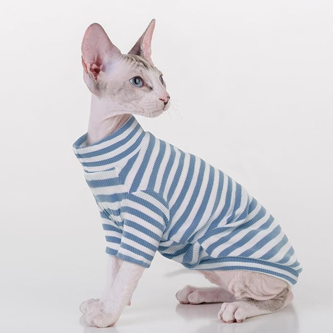 PUMYPOREITY Sphynx Cat Clothes, Soft Hairless Shirt With Sleeves, Stretchy Sweater, Pullover Pajamas Jumpsuit, Turtleneck Outfit for Sphynx Cornish Rex, Devon Rex, Blue, L