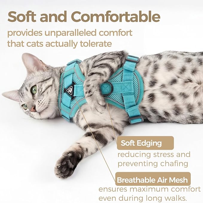 Cat Harness and Leash Set Escape Proof Tactical Large Kitten Harness Emotional Support Cat Vest, Turquoise, L