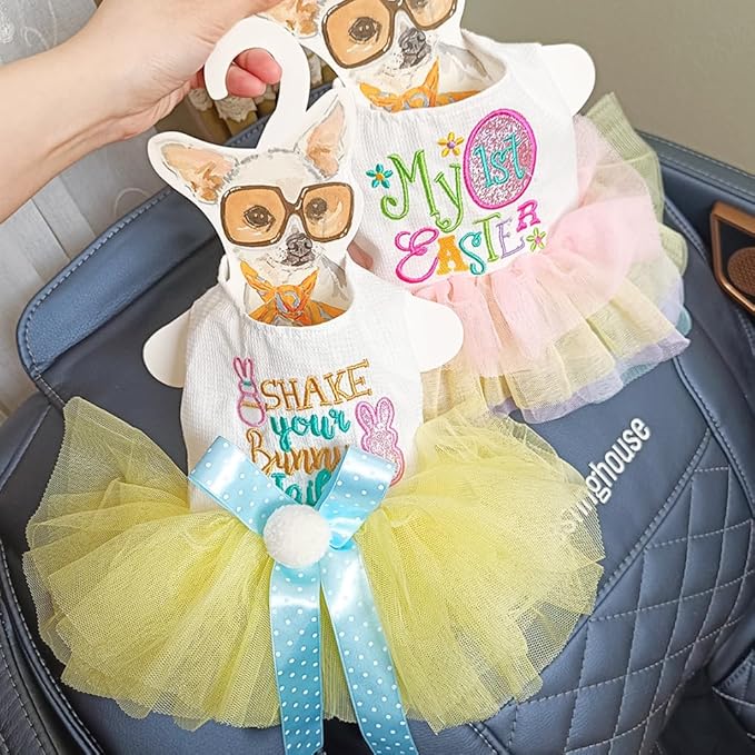 Dog Easter Outfit with Embroidered Bunny Patterns and Cute Pompom Holiday Puppy Dress Bow Small Dog Tutu Cat Apparel Fancy Pet Clothes,Yellow,Blue,White (Yellow, X-Small)