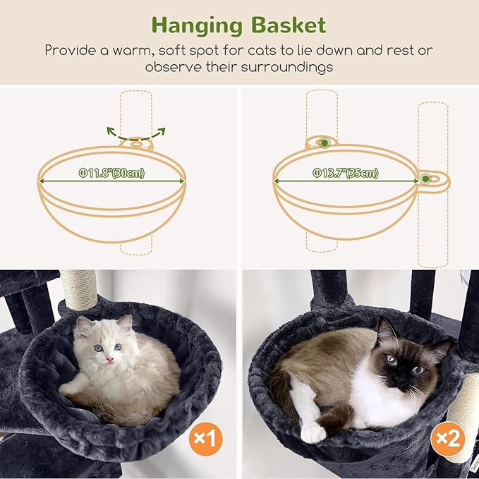 Globlazer Large Cat Tree, 80 inch Multi-Level Tall Climbing Tower Kitty Condos Cat Scratching Tower for Indoor Multiple Large Adult Cats Kittens with 3 Cat Caves, 3 Hanging Baskets, F80F, Dark Grey