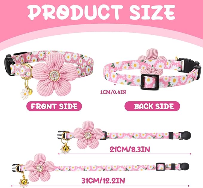 4 Pack Breakaway Cat Collars with Bells Flower Pendants Adjustable Floral Cat Collars with Bowtie Safety Kitten Collar for Girl Boy Cats