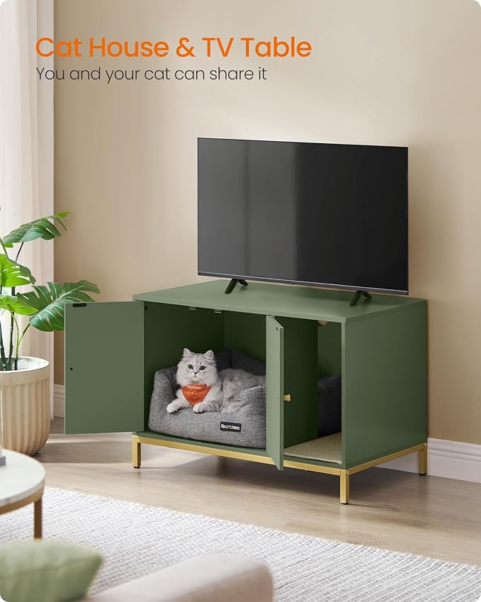 Feandrea Cat Litter Box Enclosure, Hidden Litter Box Furniture with Scratch Pad, Front Entry, Double Cabinet Doors, Modern Style, 31.5" Cat House Washroom Side End Table, Forest Green and Gold