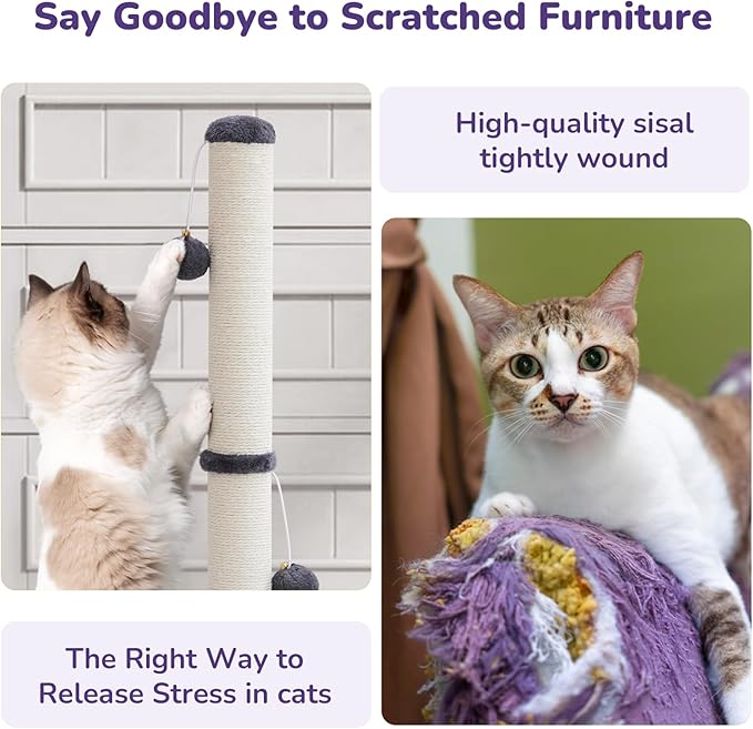33'' Tall Cat Scratching Post for Adults Cats, Sturdy Large Scratch Pole with Hanging Ball with Fun Mouse Hole, Scratching Posts for Indoor with Durable Natural Sisal Rope (Darkgrey)