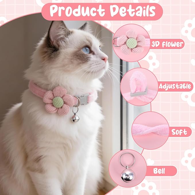 4Pcs Cat Collar Breakawayr, Cute Cotton Kitten Collar with Bell Adjustable Pink Cat Collar Safety Buckle Flower Cats Collar for Girl Boy Little Dog
