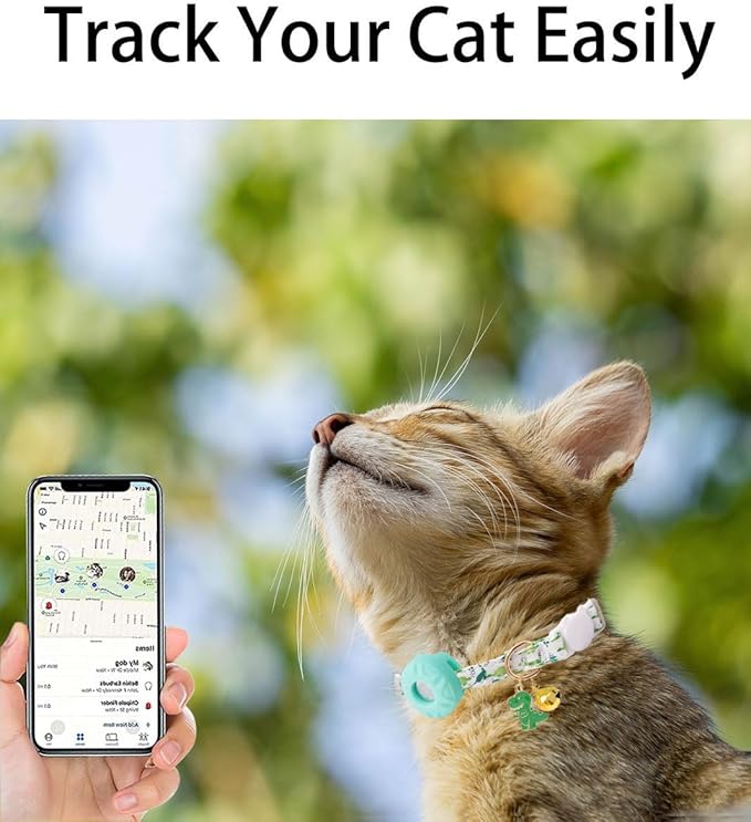 Breakaway Cat Collar with Airtag Holder,Kitten Collar with Apple Air Tag Holder and Bell for Girl Boy Cats, 0.4 Inches in Width and Lightweight. (Green Dinosaur)