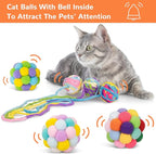 Retro Shaw Cat Toys Balls, 6Pcs Woolen Yarn Cat Ball Toy with Bell Inside, Interactive Kitten Toys for Indoor Cats Kitty, Chew Toys Jingle Pompom Ball with String