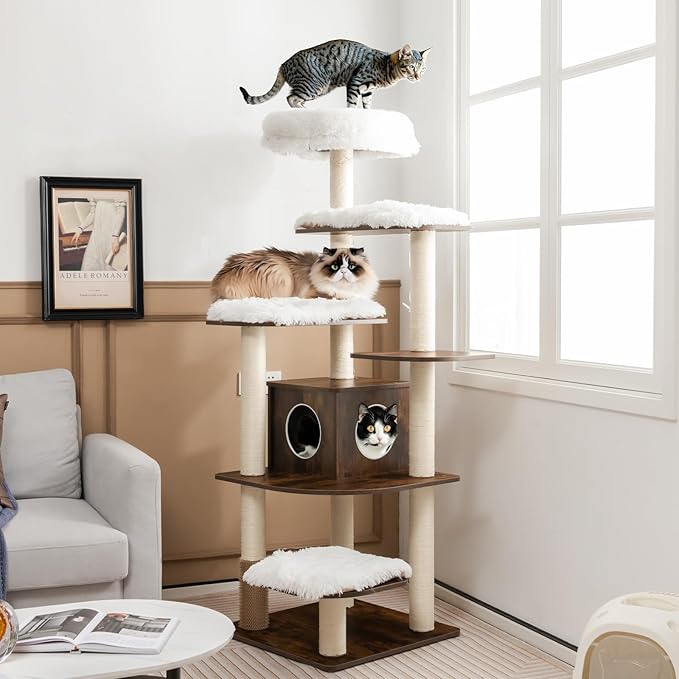 Tangkula Tall Cat Tree, 71-Inch Cat Tower with Multi-Layer Platform, Modern Wood Cat Tree with Sisal Scratching Posts, Self Groomer, Cat Condo, Washable Cushions for Large Cats 20 lbs Heavy Duty