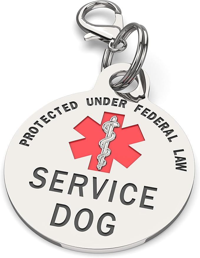 Service Dog TAG Small Breed Premium Double Sided Identification .999 Inch Engraved - Bold Protected Under Federal Law With Medical Alert Symbol - Easily Attach to Collar, Harness and Service Vest