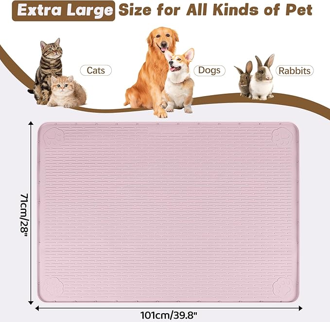 Cat Food Mat, 40" x 28" Extra Large Silicone Pet Feeding Mat with Raised Edge Pet Placemat for Food and Water Bowl Non-Slip, Easy to Clean, Floor Protection (Pink)