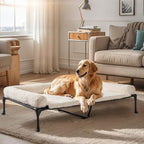 Veehoo Orthopedic Elevated Dog Bed Add Removable Deluxe Rose Plush Bolster Cushion Mat, 47" x 29" Washable Dog Couch Bed, Raised Pet Cot with Breathable Teslin Mesh, No-Slip Feet, White, CWC2439B