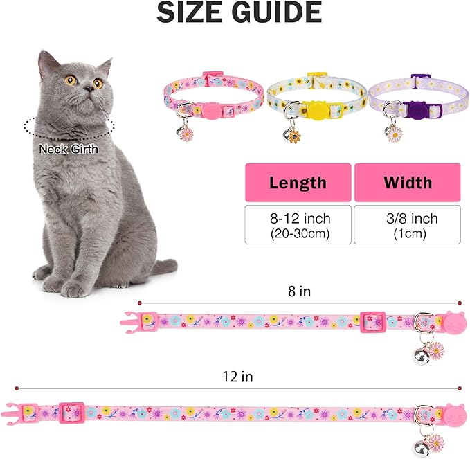 Breakaway Cat Collar with Bells, 3 Pack Summer Spring Cat Collar for Girl Boy Cats, Cute Pink Purple Yellow Flower Kitten Collars with Safety Buckle, Adjustable 8"-12" for Puppy Small Pets