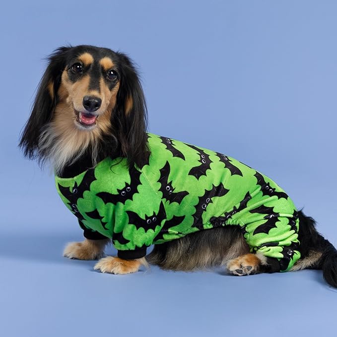 Fitwarm Halloween Bat Dog Pajamas, Funny Costumes for Small Dogs Boy Girl, Pet Outfit, Lime Green, Black, Medium