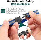 Cat Collar with AirTag Holders, 3-Pack, Reflective Breakaway Safety Collars, Bells and Matching Charms, Adjustable, Paw Hearts, Moon Stars Design, Lucky Charm, Blue