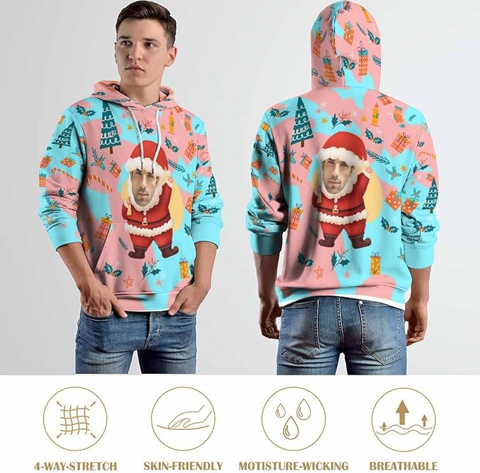 Artsadd Custom Face Unisex athletic Pockets Sweatshirt Loose Hoodie Custom Christmas Long Sleeve Sweatshirt Hooded Pullover