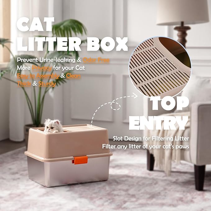 MEEXPAWS Stainless Steel Cat Litter Box Top Entry XL Large with Lid, 8'' High Side Metal Cat Litter Box for Big Cats, Top Cover with Slot, Non-Stick, Easy Clean, Include Litter Scoop