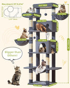 Taoqimiao Cat Tree Tower, 76-Inch Sturdy Cat Tree for Indoor Cats Large Adult Cat Tower with Scratching Posts，2 Condos, 2 Perches, 2 Large Hanging Baskets, Soft Hammock, MS046G Smoke Gray