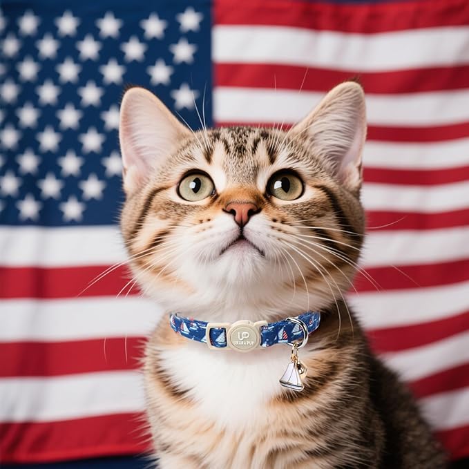 4th 0f July Cat Collar,2Pack Patriotic Day Kitten Collars Cute Flag Breakaway Kitty Collars,Summer Baseball Blue Cat Collar with Bell, for Girl & Boy Cats