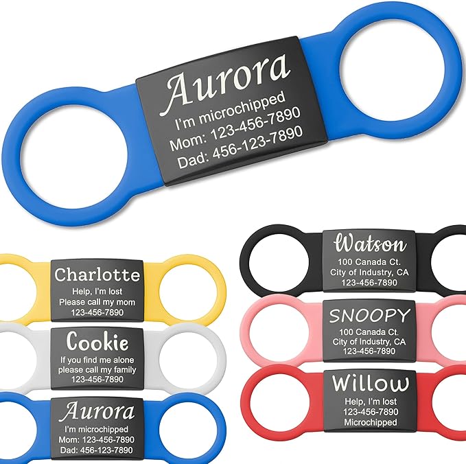 Anavia Slide On Silent Pet ID Tags, S/M/L/XL Personalized Black Stainless Steel Colored Silicone Cat Dog Name Tag, Customized Engraved Nameplate, Quiet Chew-Proof Pet Collar Tag (Blue, Small)