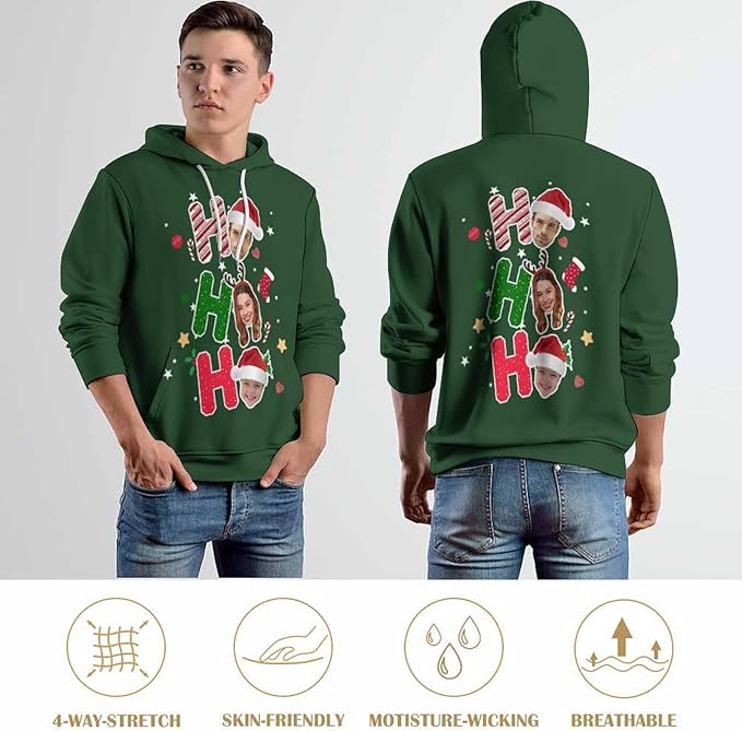 Artsadd Custom Face Unisex athletic Pockets Sweatshirt Loose Hoodie Custom Christmas Long Sleeve Sweatshirt Hooded Pullover