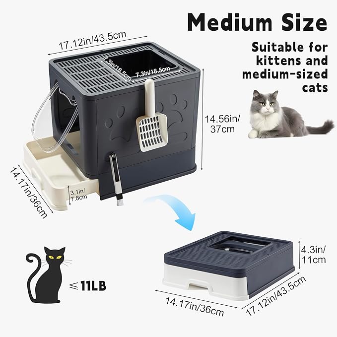 Gefryco Cat Litter Box with Lid, Top Entry Kitten Litter Box with Controlled Access, Covered Enclosed Cat Potty Odor Control for Small to Medium Cats, Scoop and Clean Brush Included (Black)