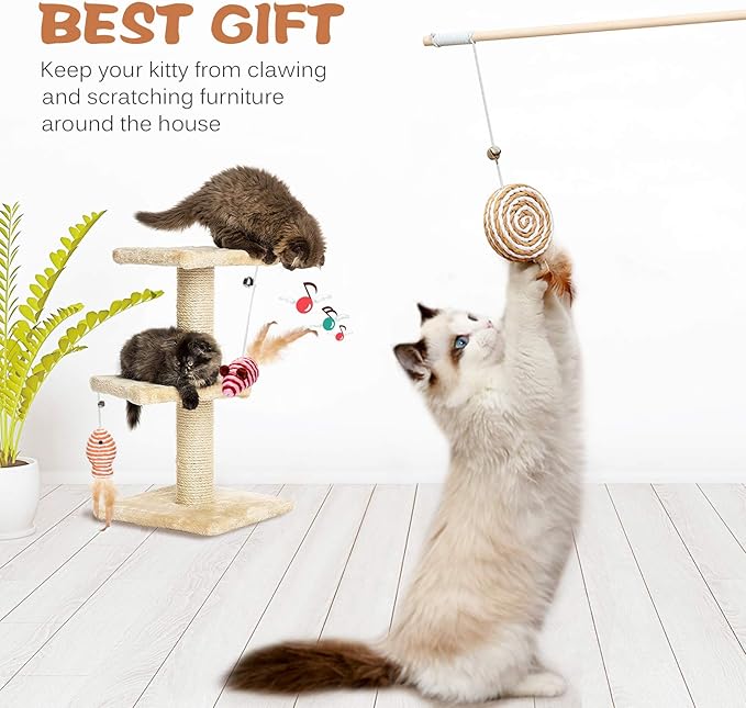 Cat Toys for Indoor Cats - 3pcs 16 Inch Natural Wood Teaser Wand With Refills for Kitten Exercise and Play - Bonus 5pcs Catnip Sticks for Teeth Cleaning