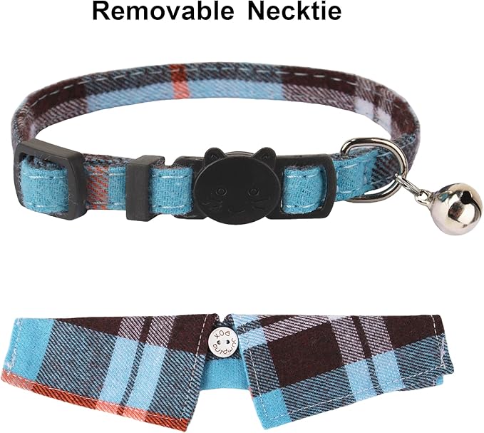 ADOGGYGO Cat Collar Breakaway with Bowtie Bell, Removable Shirt Collar, 2 Pack Beige Blue Plaid Collars for Cat Kitten