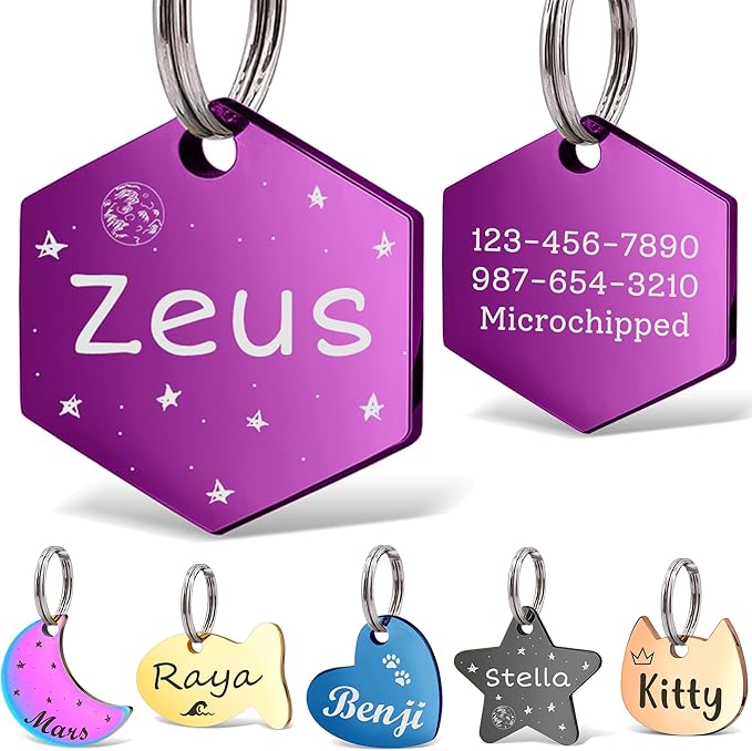 Anavia Small Size Dog Cat ID Tags, Small/XS Personalized Color Plated Stainless Steel Puppy Kitten Name Tags, Customized Engraved Nameplate Pet Collar Tag (Purple, Hexagon)