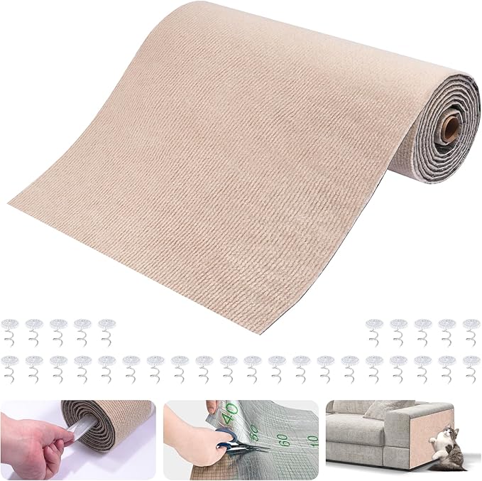 Large Cat Scratching Mat, 118"x15.8" Self-Adhesive Cat Scratch Furniture Protector, Trimmable DIY Cat Wall Climbing Carpet, Cat Couch Protector, Cat Scratching Pad Replacement (Khaki, 30 Nails)