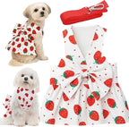 Dog Dress Bowknot Harness Leash Set for Small Dogs Red Strawberry Dog Cat Clothes Cute Puppy Outfits Pet Clothes Spring Summer Breathable Dresses(Large)