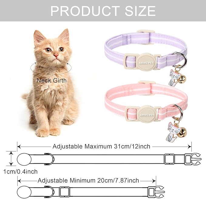 ARING PET 2 Pack Cat Collar-Cute Cotton Cat Collar with Bell & Pendant, Adjustable Pink Lavender Striped Kitten Collars with Safety Buckle for Girl and Boy Pets