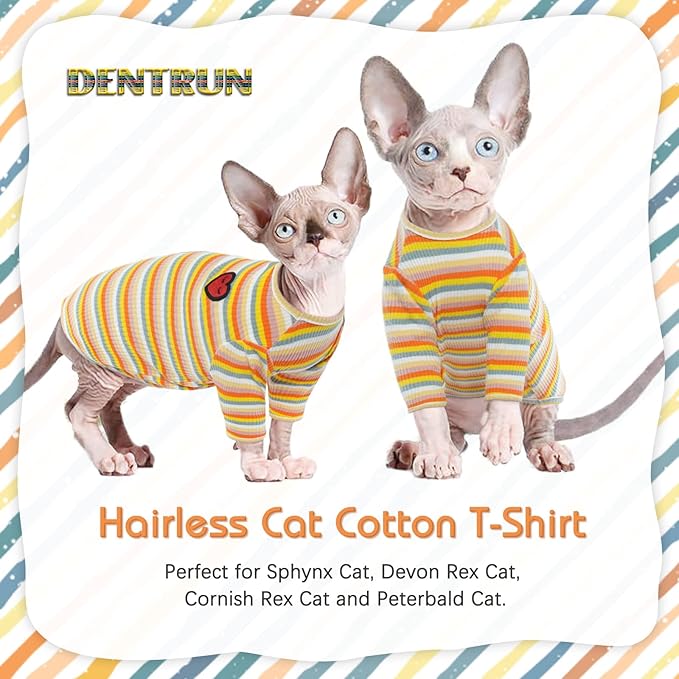 DENTRUN Hairless Cats Shirt Breathable Cat Daily Wear Clothes Stripe Vest Adorable Pajamas Jumpsuit Soft & Skin-Friendly