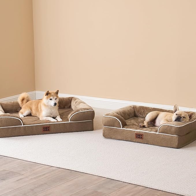 EHEYCIGA Orthopedic Dog Beds for Extra Large Dogs, Waterproof Memory Foam XL Dog Bed with Sides, Non-Slip Bottom and Egg-Crate Foam Big Pet Couch Bed with Washable Removable Cover, Camel