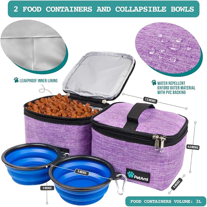 PetAmi Dog Travel Bag - Travel Pet Organizer with Food Container and Bowls, Perfect for Weekend Camping, Cat Diaper Bag (Purple, Medium)